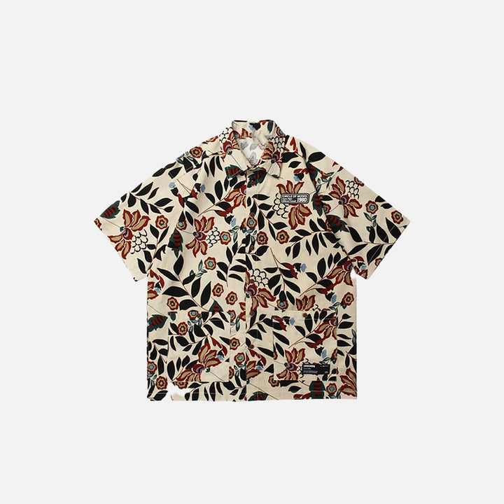 Front view of the khaki Y2k Floral Aloha Shirt in a gray background 