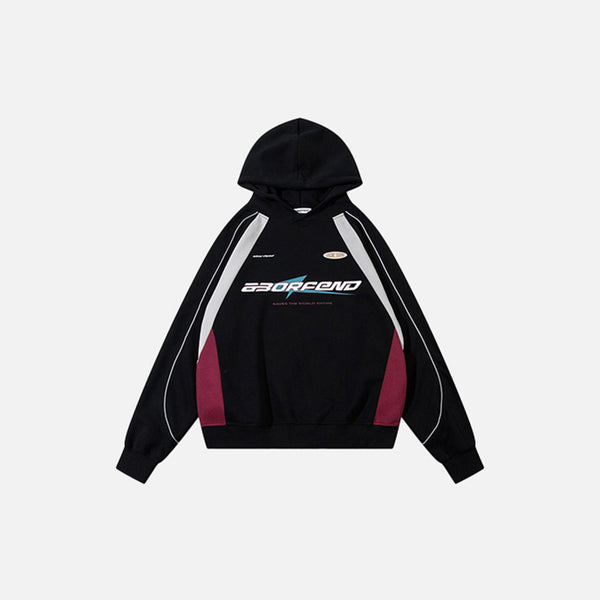 Front view of the black Speedway Graphic Hoodie in a gray background