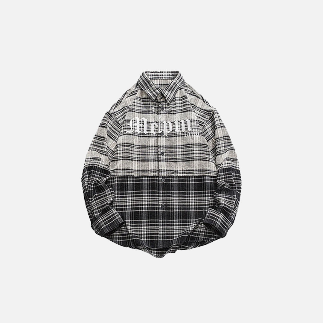 Front view of the beige Urban Plaid Shirt in a gray background