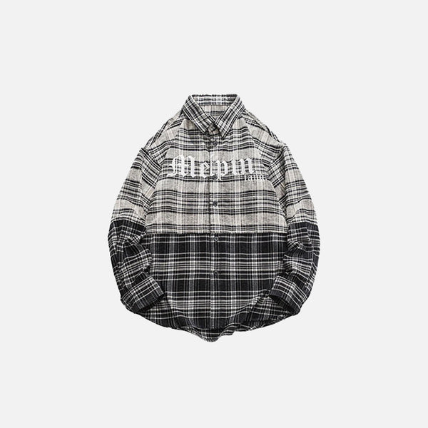 Front view of the beige Urban Plaid Shirt in a gray background