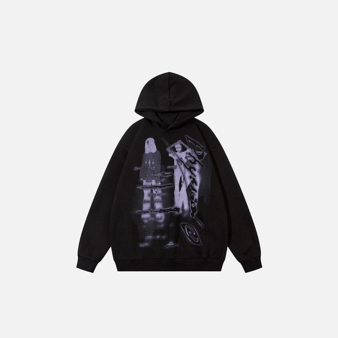 Front view of the black Y2K Mystic Shadows Hoodie in a gray background