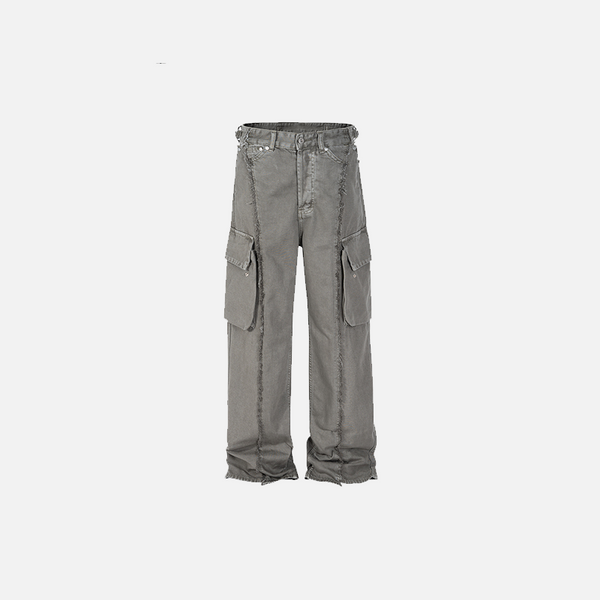 Front view of the gray green Loose Multi-Pocket Jeans in a gray background