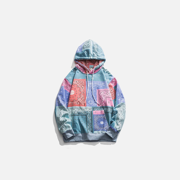 Front view of the blue Bandana Printed Oversized Hoodie in a gray background