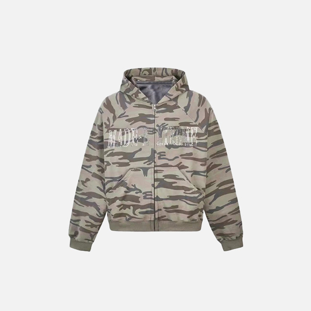 Front vew of the Graphic Print Camouflage Hoodie in a gray background