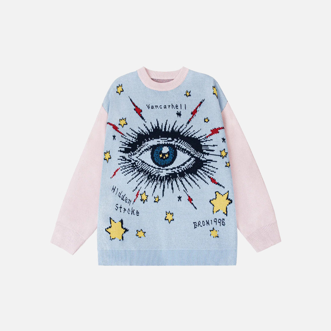 Front view of the blue Cosmic Eye Illumination Sweater in a gray background