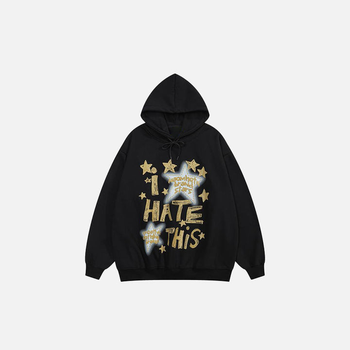 Front view of the black "I Hate This" Letter Print Hoodie in a gray background 