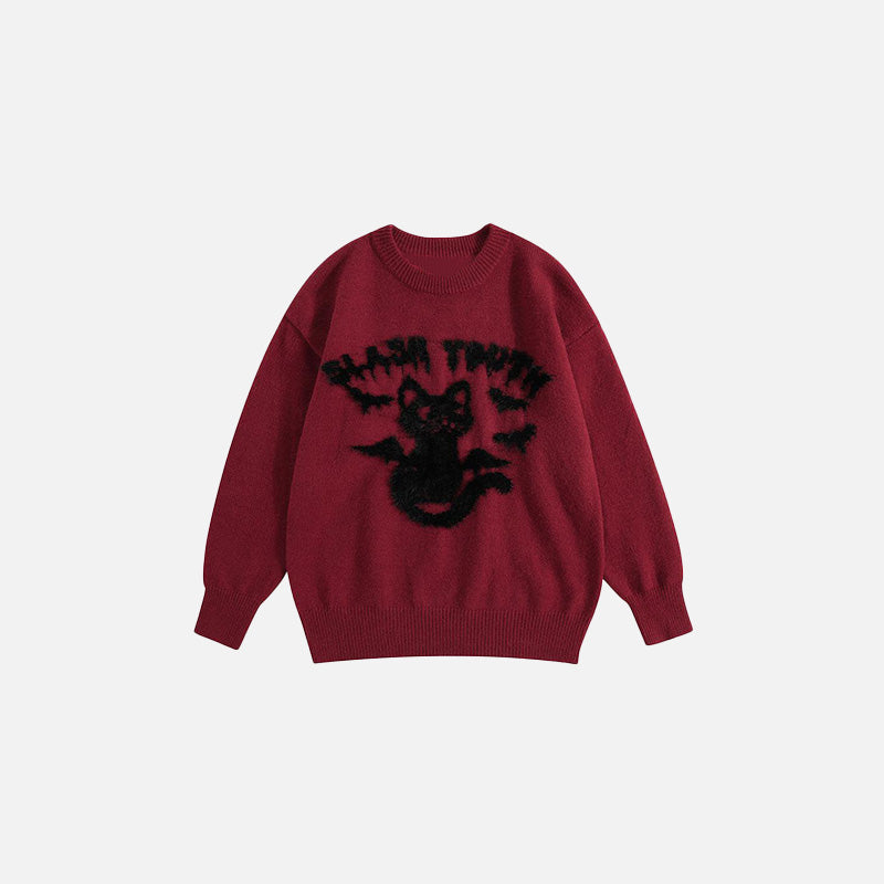 Front view of the red Slash Youth Cat Sweater in a gray background