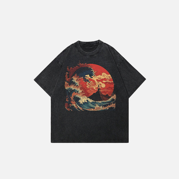 Front view of the black Great Wave Sun Graphic T-shirt in a gray background