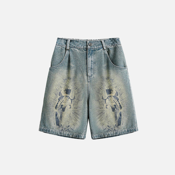 Front view of the blue Divine Print Denim Shorts in a gray background