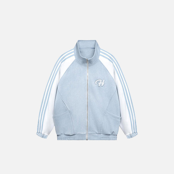 Front view of the blue Classic Striped Track Jacket in a gray background