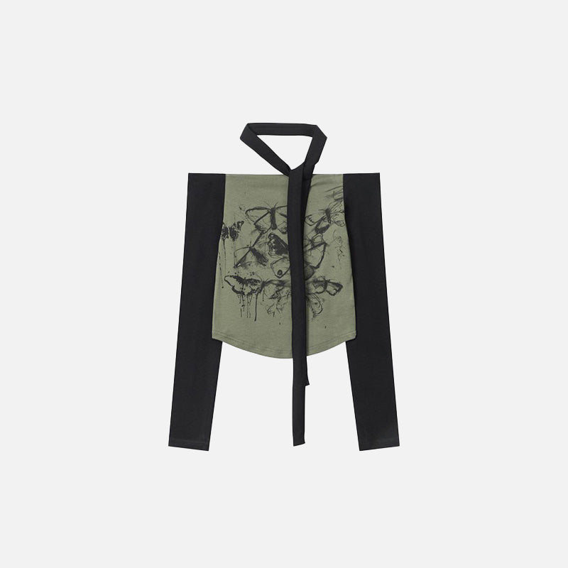 Front view of the army green Avant-Grade Tie Accent Women's Shirt in a gray background