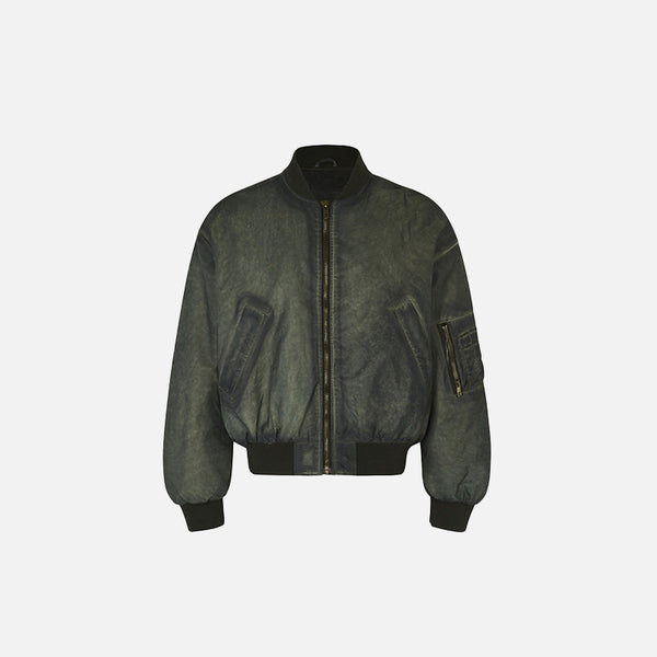Front view of the green Dyed Distressed Padded Jacket in a gray background 