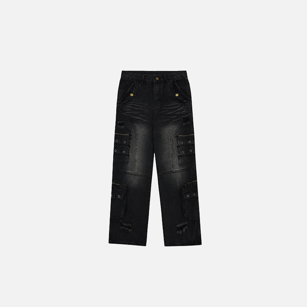 Front view of the black Vintage Multi-Pocket Jeans in a gray background