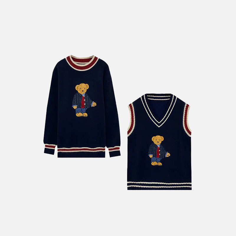 Front view of the sleeve & Sleeveless Teddy Bear Graphic Sweater