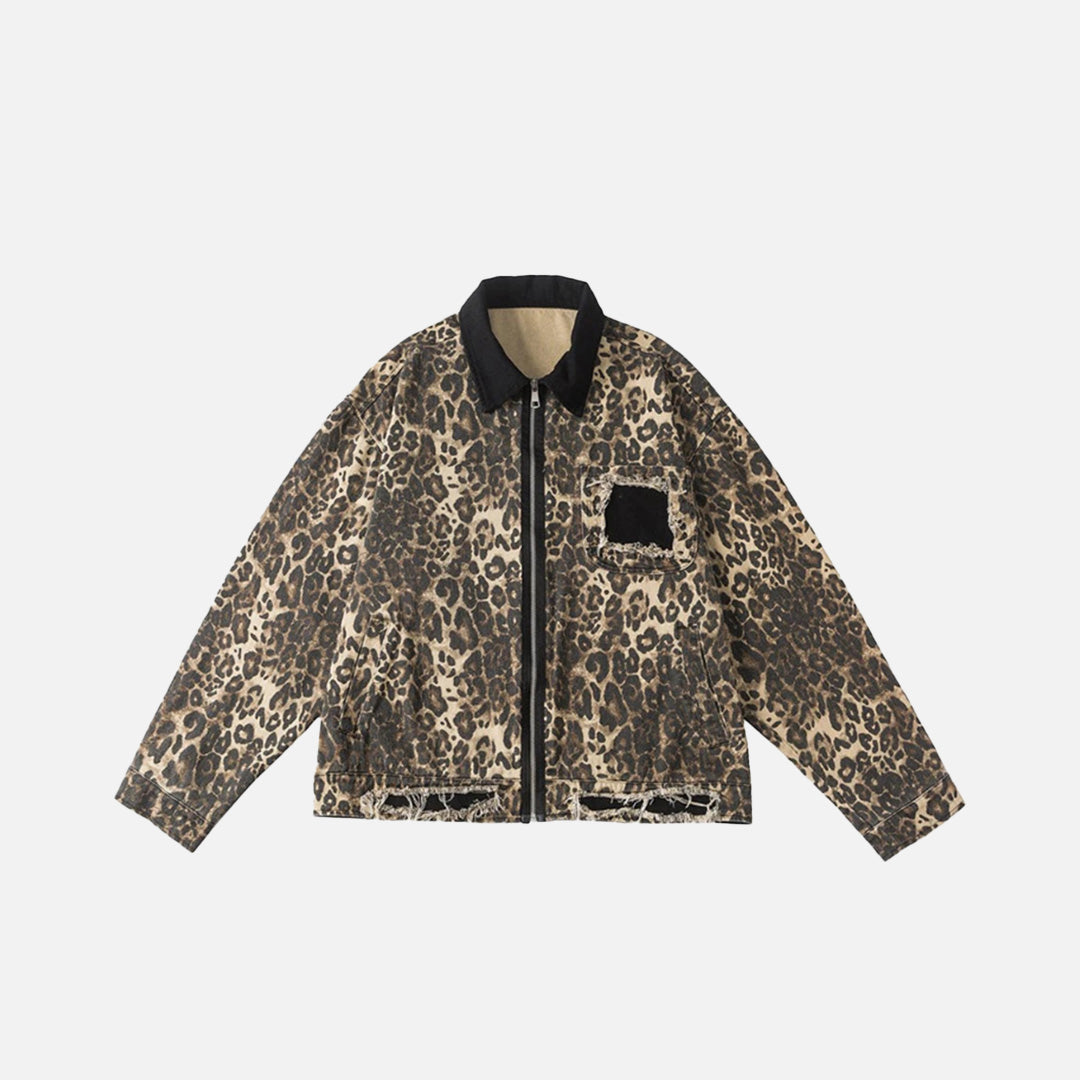 Front view of the leopard Fierce Pattern Bomber Jacket in a gray background