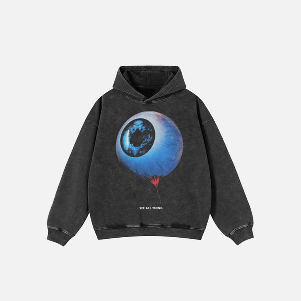 Front view of the black Y2K See All Thing Hoodie in a gray background