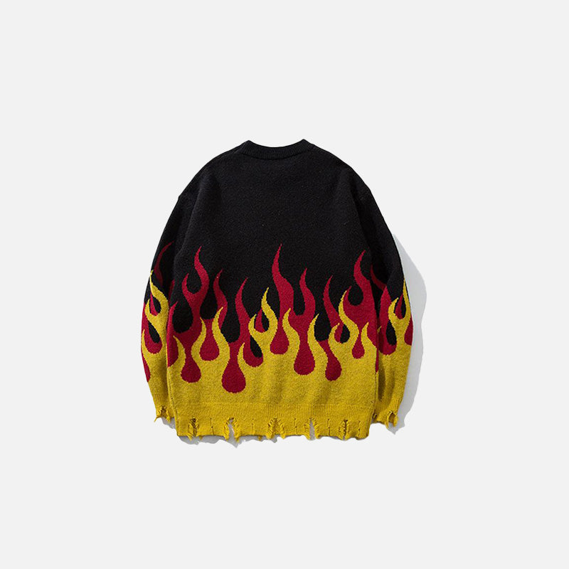 Back view of the black Distressed Flame Sweater in a gray background