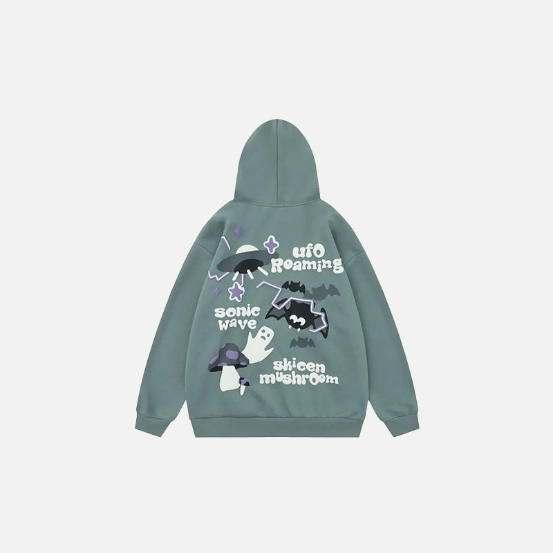 Back view of the sky blue Refused Change Graphic Hoodie in a gray background