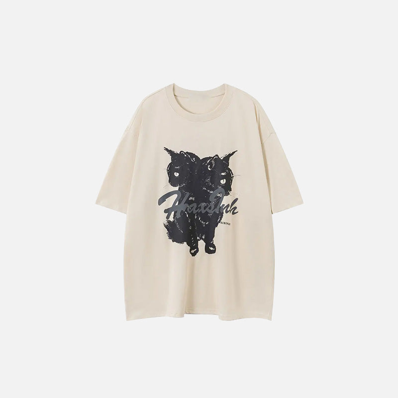 Front view of the beige Gothic Cat Loose T-Shirt in a gray background 