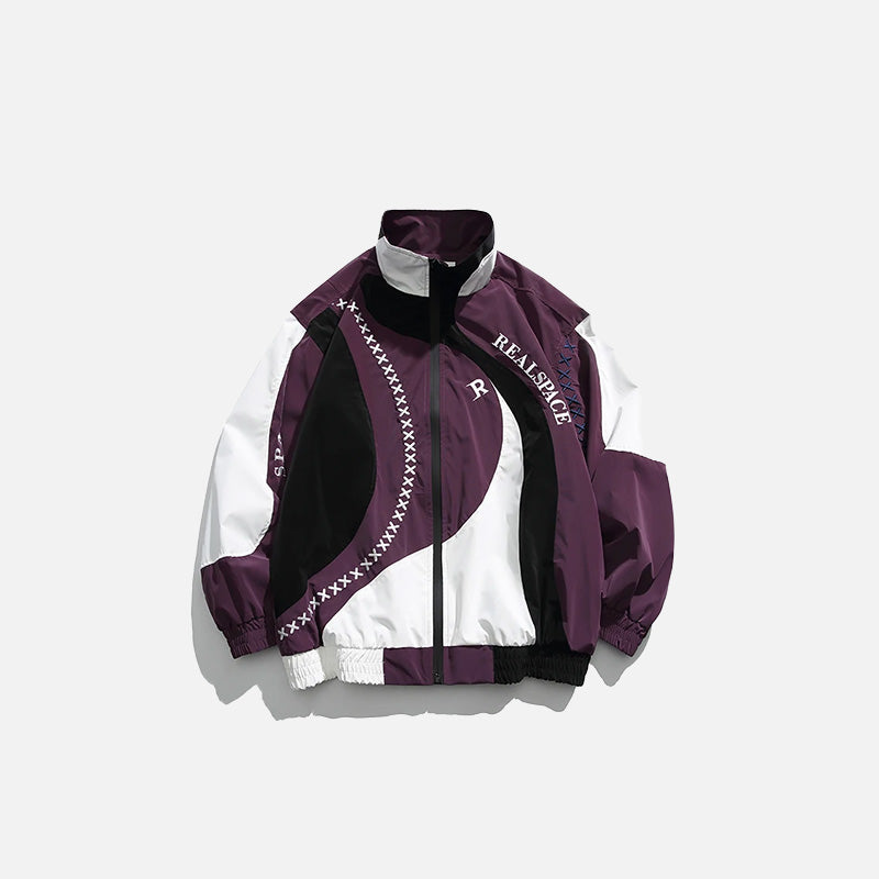 Front view of the purple Embroidery Stripe Patchwork Jacket in a gray background 