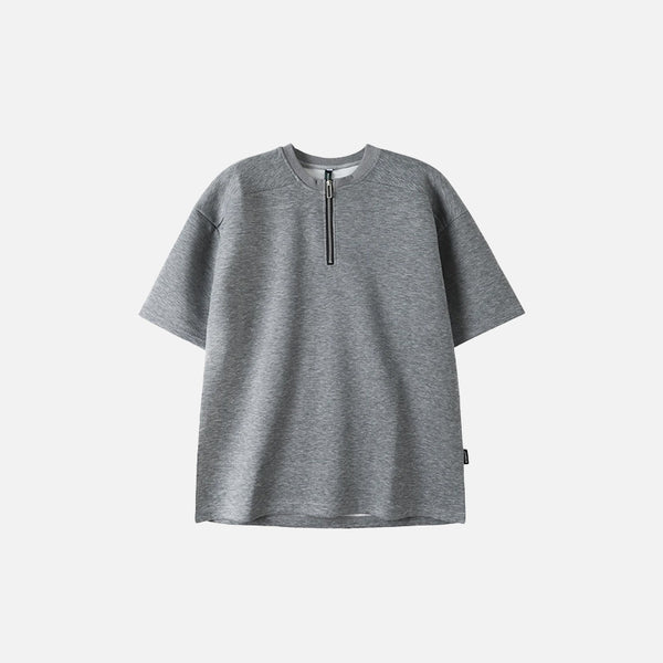 Front view of the Casual Grey Half-Zip T-shirt in a gray background