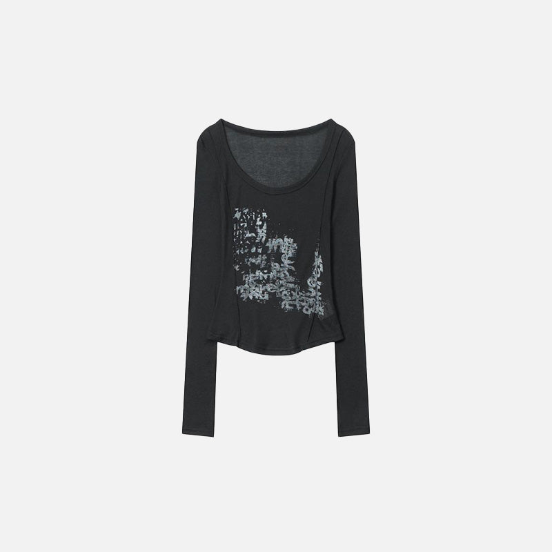 Front view of the black Abstract Print Long-Sleeve Women's T-shirt in a gray background