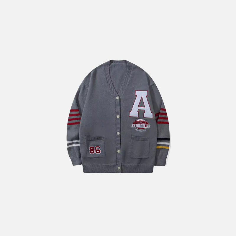 Front vew of the grey Varsity Patch Sweater in a gray background