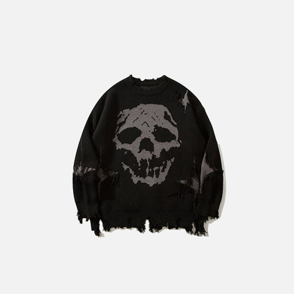 Front view of the black Distressed Skull Sweater in a gray background