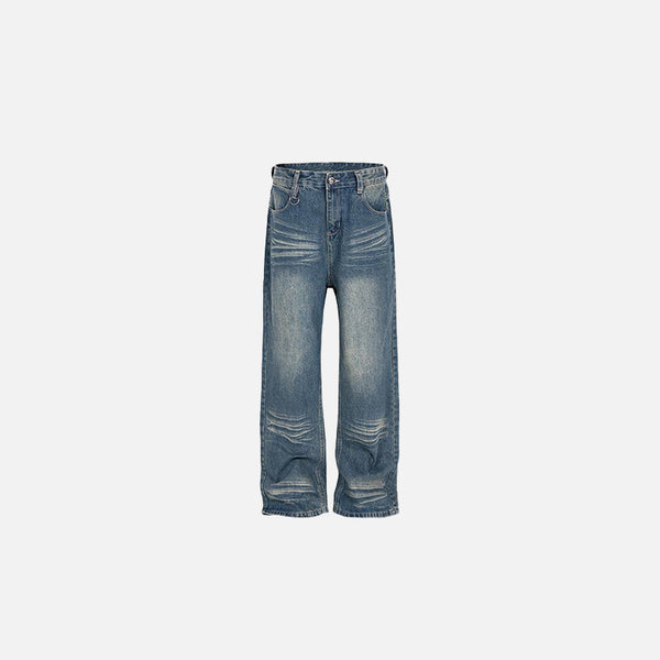 Front view of the blue Washed Blue Loose Jeans in a gray background