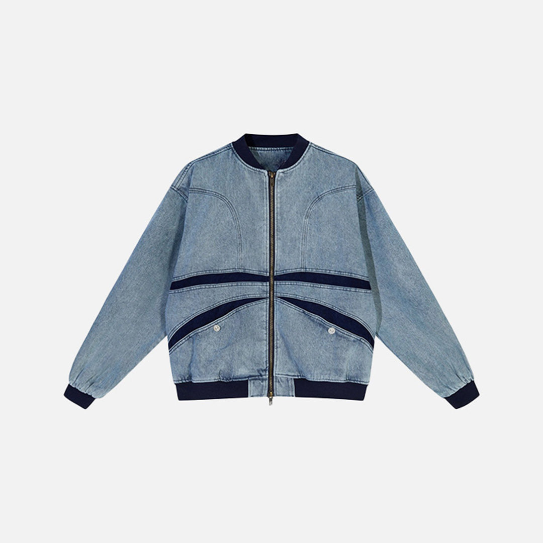 Front view of the blue Y2k Washed Denim Stitching Jacket in a gray background 