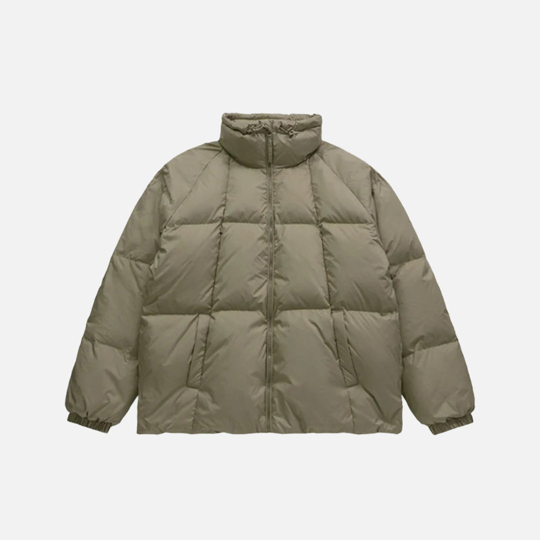 Front view of the green High-Neck Puffer Jacket in a gray background