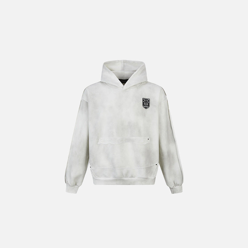 Front view of the white Shield Emblem Hoodie in a gray background