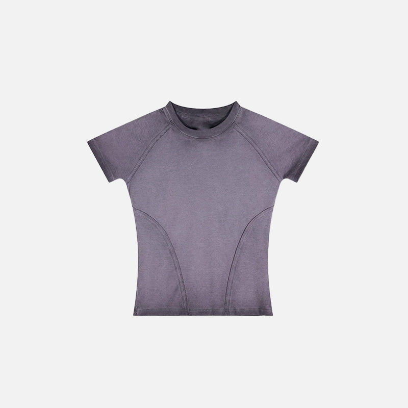 Front view of the purple Women's Retro Elastic T-Shirt in a gray background