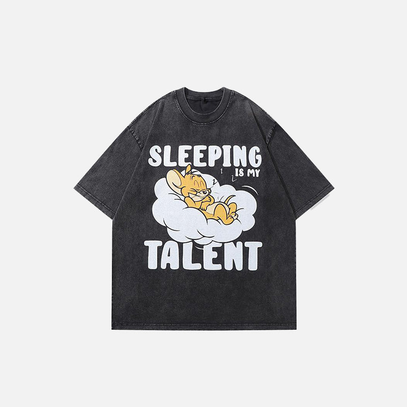 Front view of the black Sleepy Jerry Printed T-Shirt in a gray background 