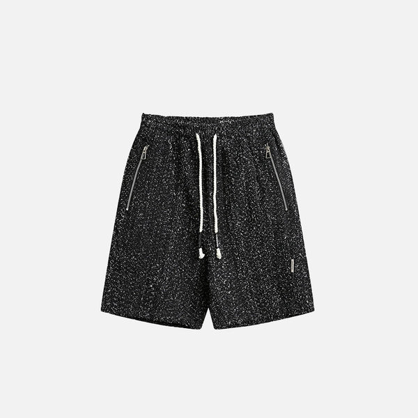 Front view of the black Modern Speckled Drawstring Shorts in a gray background 