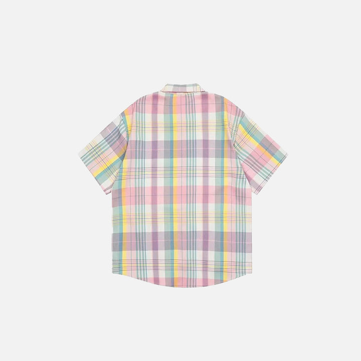 Back view of the pink Vintage Loose Plaid Shirt in a gray background