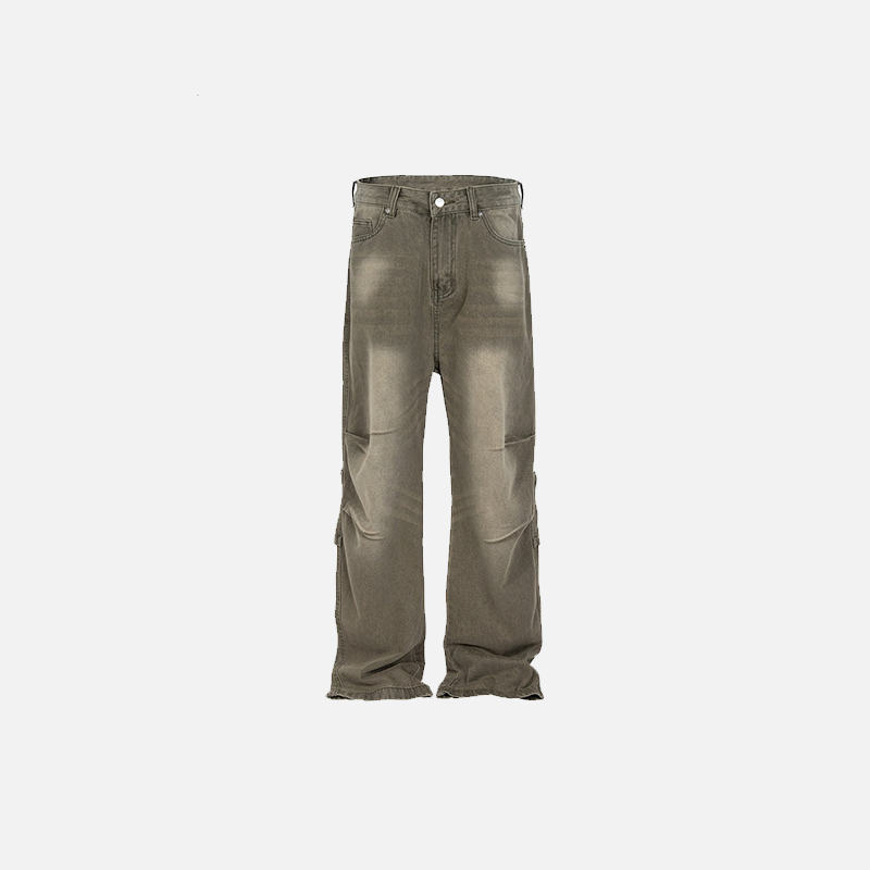 Front view of the light green Loose Washed Pleated Jeans in a gray background