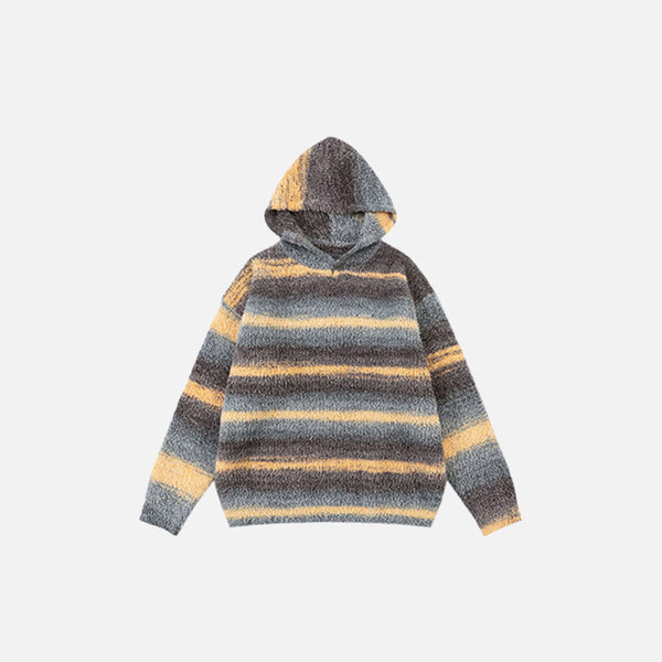 Front view of the coffee Cozy Striped Knit Hoodie in a gray background