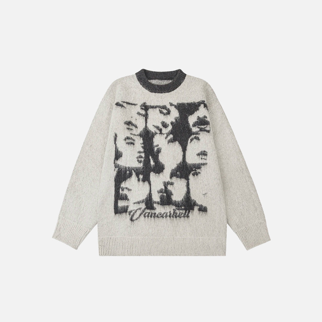 Front view of the gray Y2K Abstract Faces Sweater in a gray background