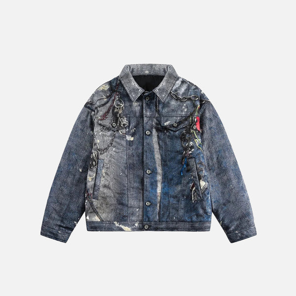 Front view of the blue Abstract Chain Detail Denim Jacket in a gray background