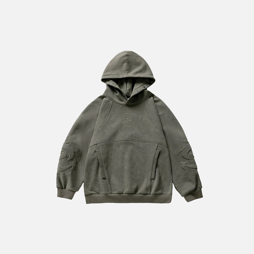 Front view of the green Vintage Stitch Hoodie in a gray background