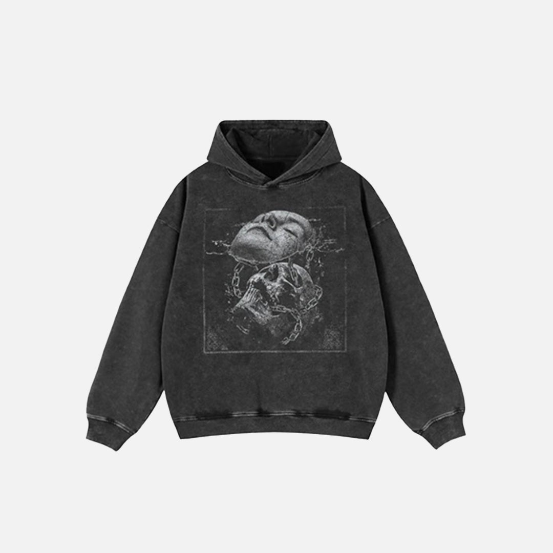 Front view of the black Y2K Dreamscapes Bound Hoodie in a gray background