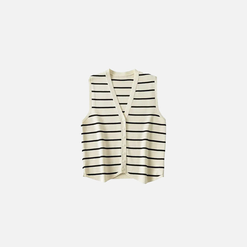 Front view of the beige Striped Button-Up Knit Vest in a gray background