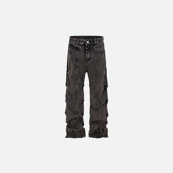 Front view of the black Loose Pleated Slim-Fit Jeans in a gray background