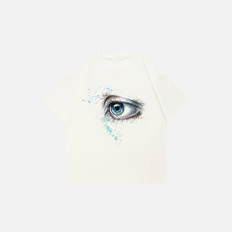 Front view of the beige Ethereal Gaze Artistic Eye T-shirt in a gray background