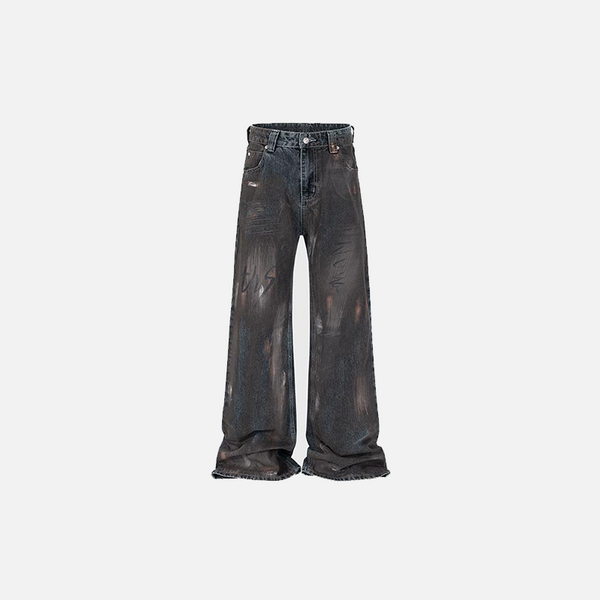 Front view of the blue Loose Faded Mud Dye Jeans in a gray background