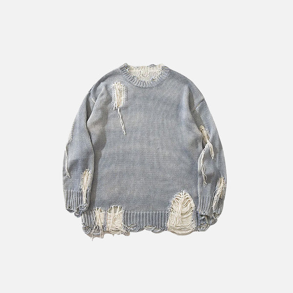 Front view of the gray Y2K Ripped Loose Sweater in a gray background