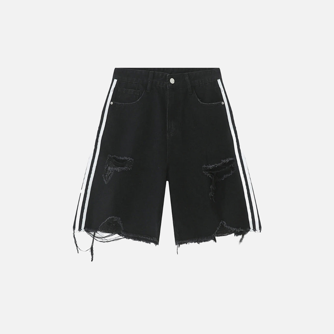 Front view of thr black Side-Striped Ripped Denim Shorts in a gray background