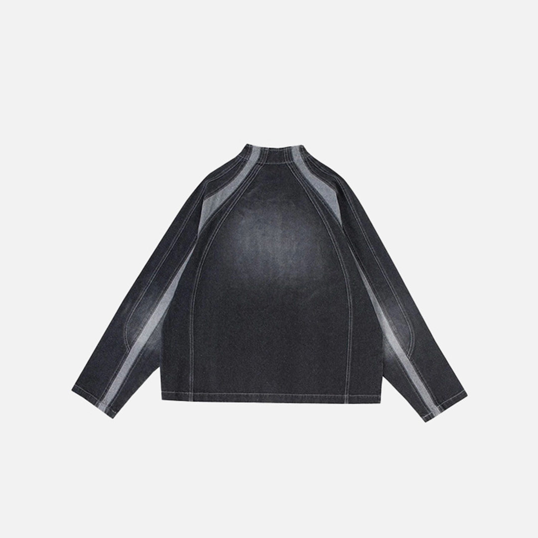 Back view of the black Denim Racer Jacket in a gray background