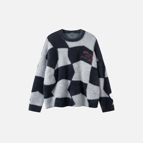 Front vew of the black Y2K Abstract Grid Knitted Sweater in a gray background